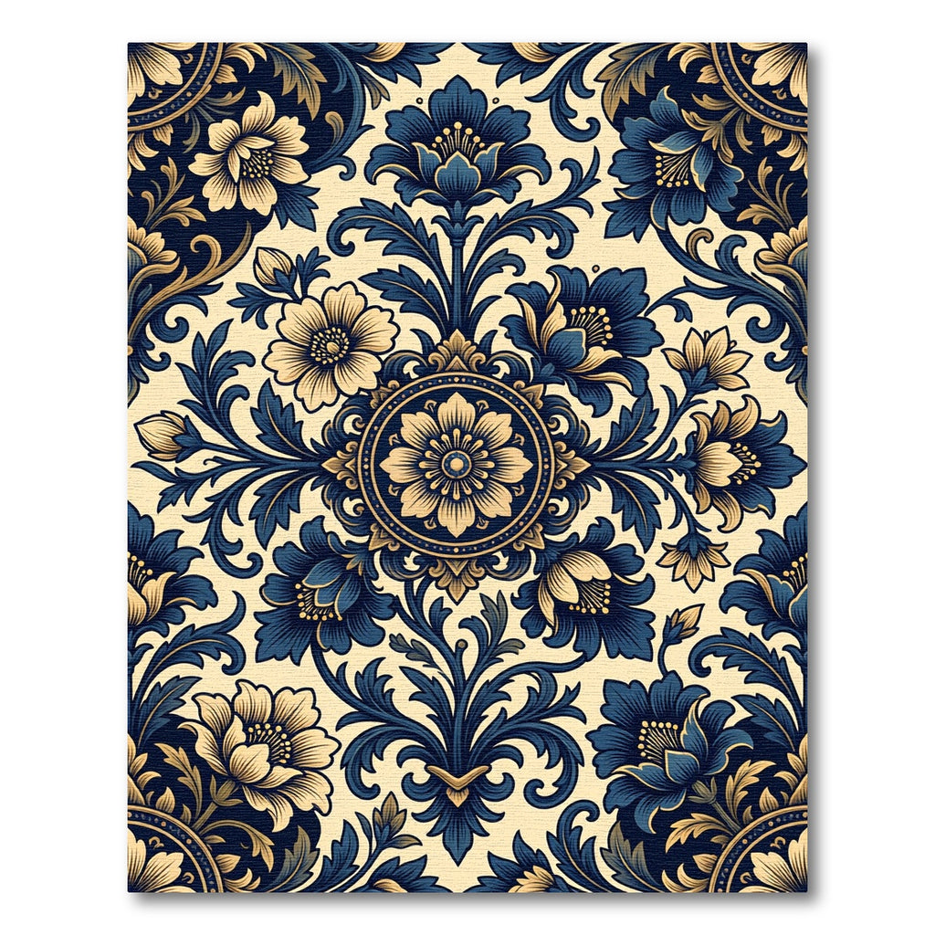 Elegant Blue Gold Floral Damask Rug