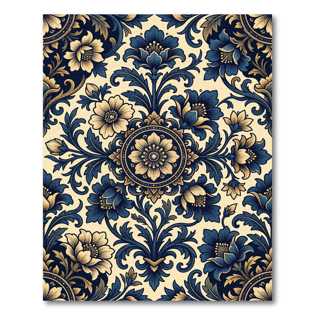 Elegant Blue Gold Floral Damask Rug