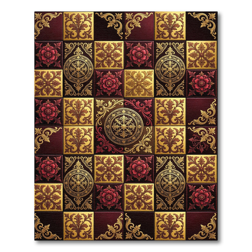 Rich Crimson and Gold Medallion Tile Rug