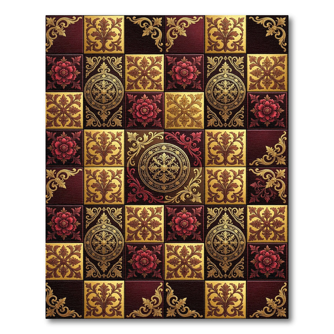 Rich Crimson and Gold Medallion Tile Rug