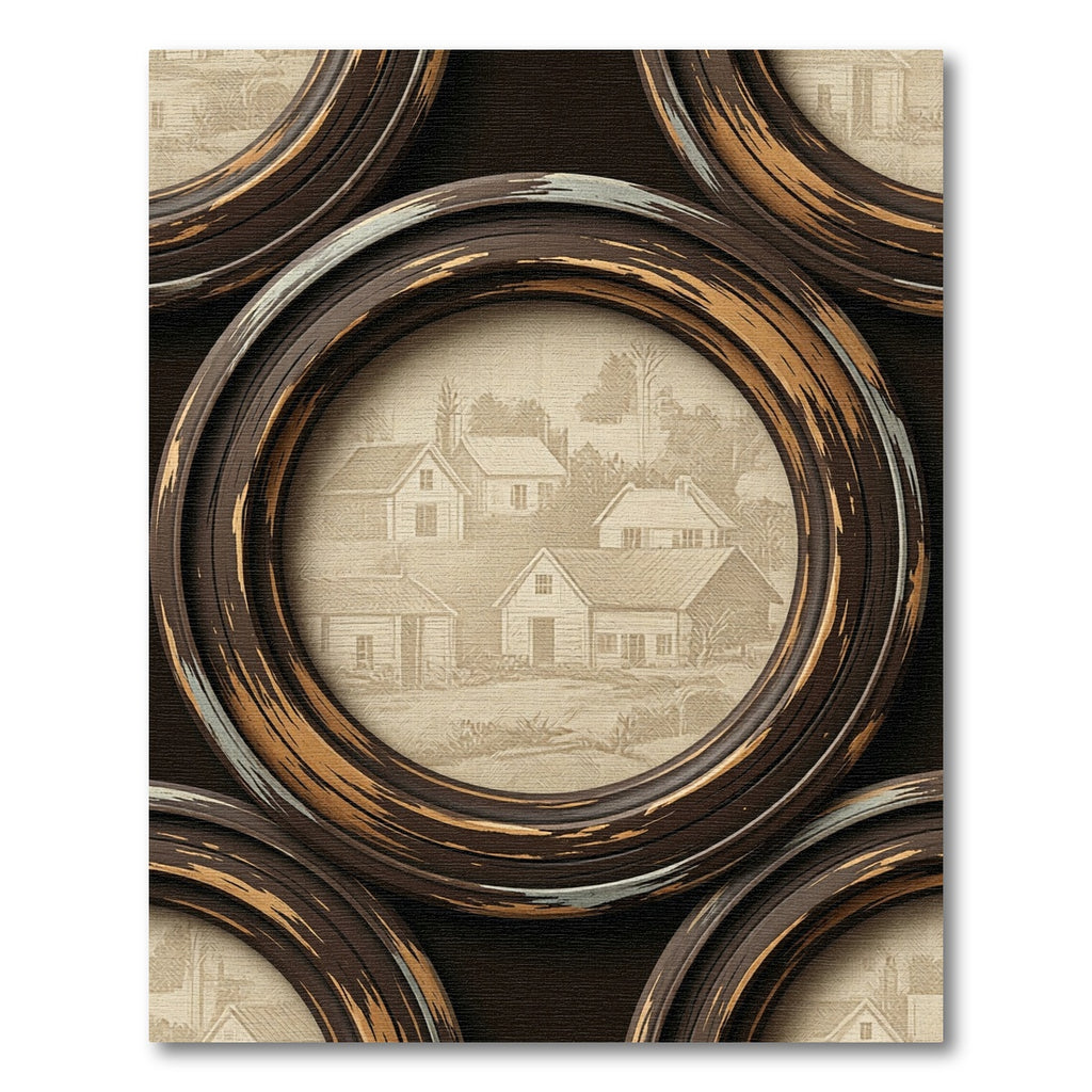 Rustic Farmhouse Village Round Frame Rug