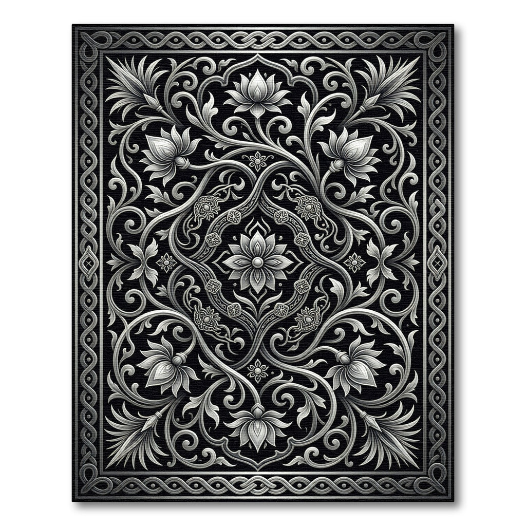 Detailed Black Silver Floral Scroll Rug