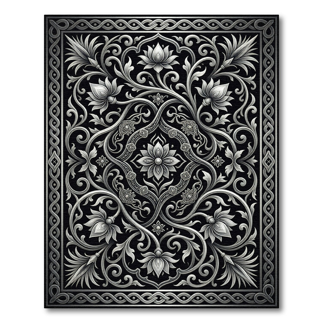Detailed Black Silver Floral Scroll Rug