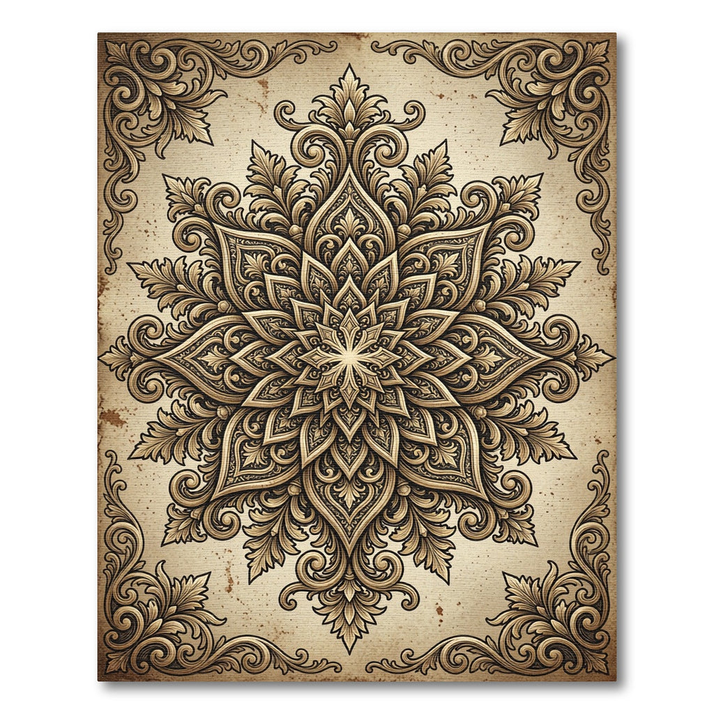 Ornate Sepia Filigree Damask Medallion Rug