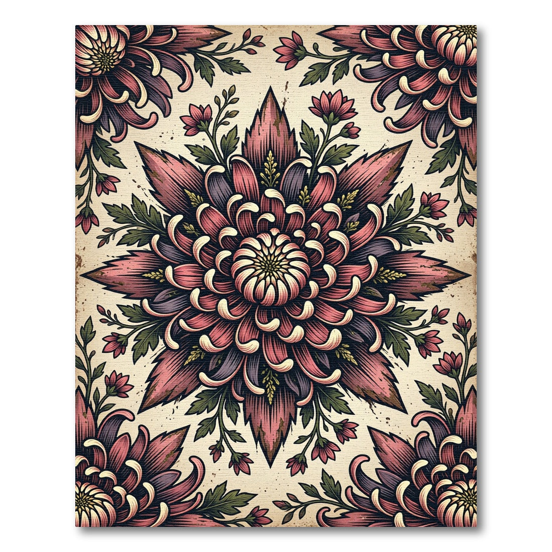 Vintage Mauve Chrysanthemum Floral Medallion Rug