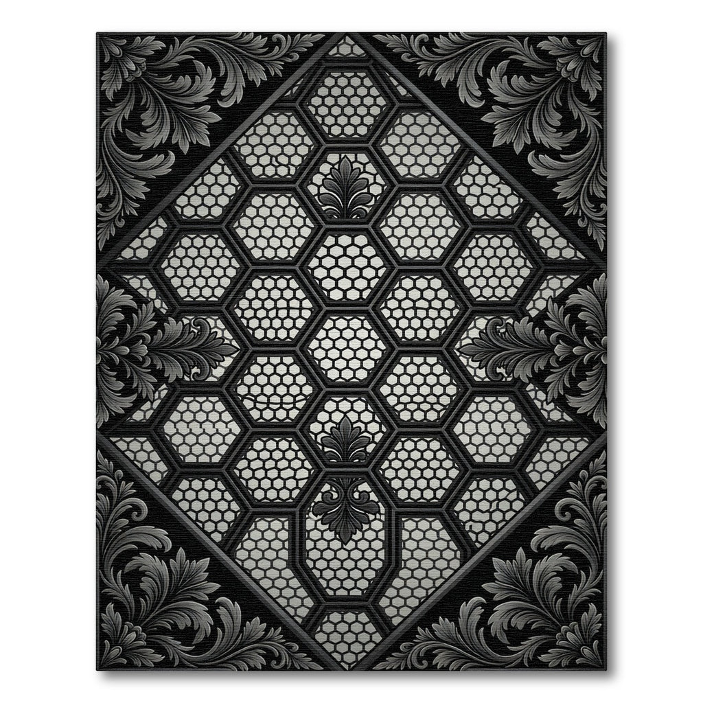 Intricate Gray Floral Hexagonal Lattice Rug