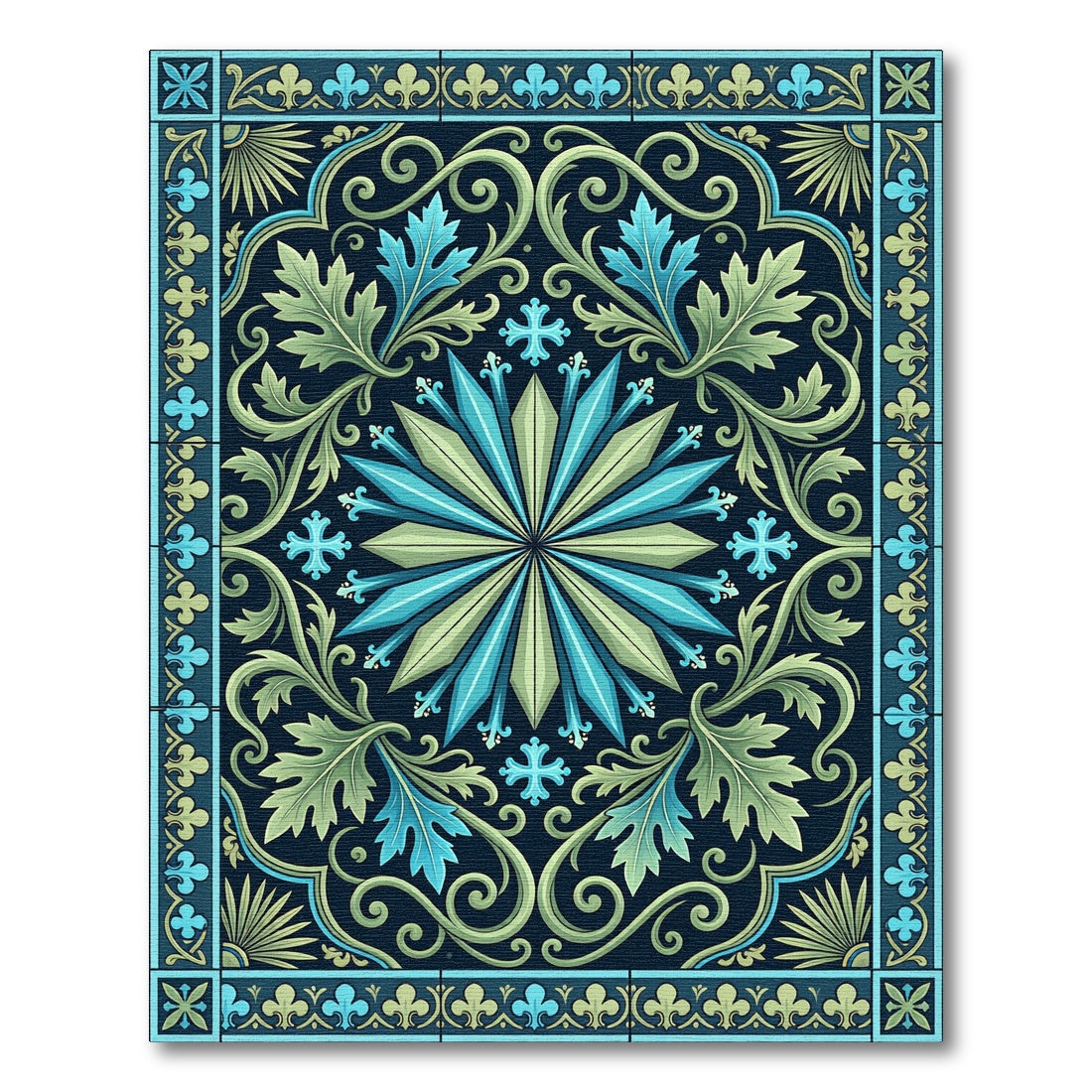 Deep Blue Green Floral Medallion Rug