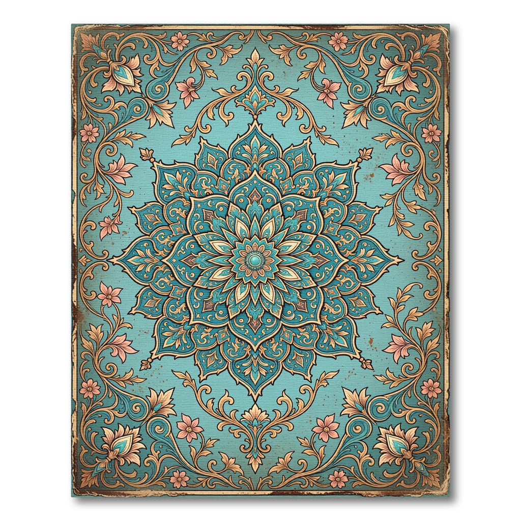 Teal Floral Medallion Ornate Scrollwork Rug