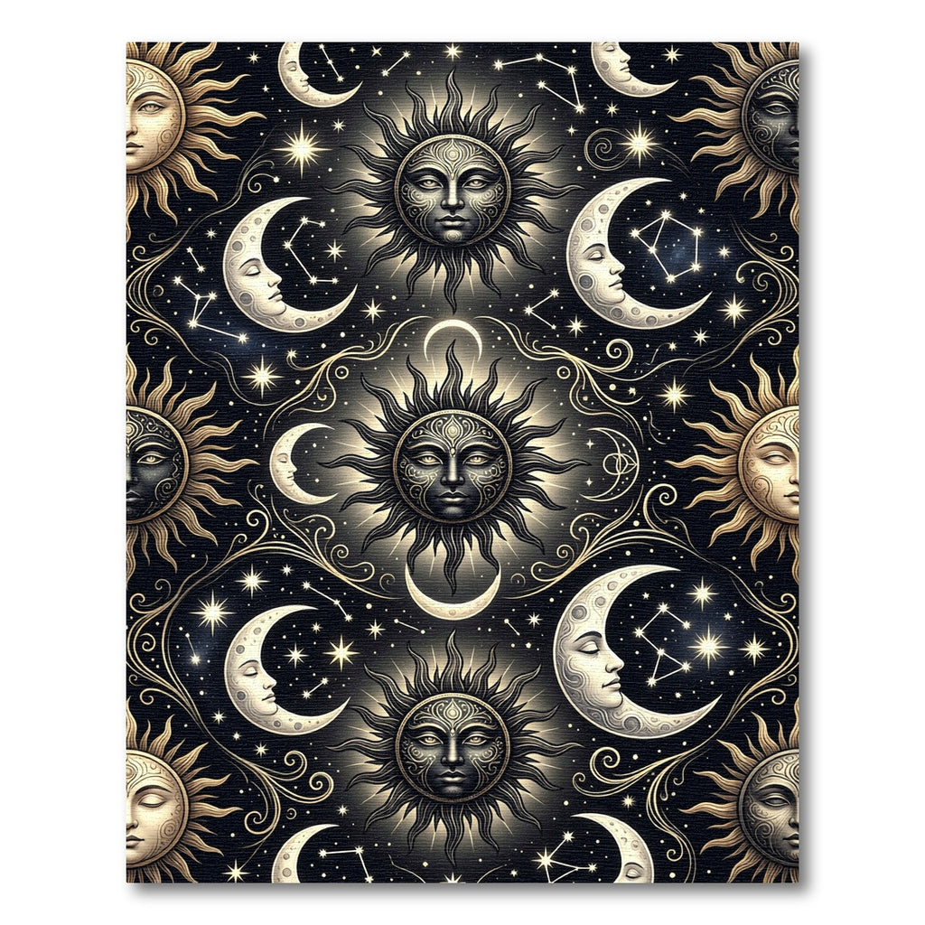 Celestial Sun Moon Constellation Black Gold Rug