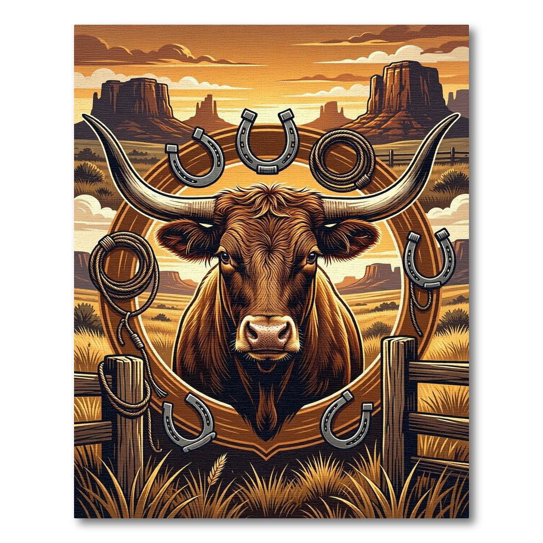 Rustic Western Bull Horseshoe Rope Landscape Rug