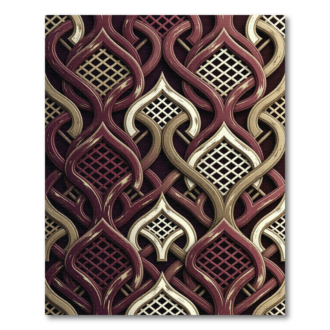 Intricate Crimson Gold Lattice Scroll Rug
