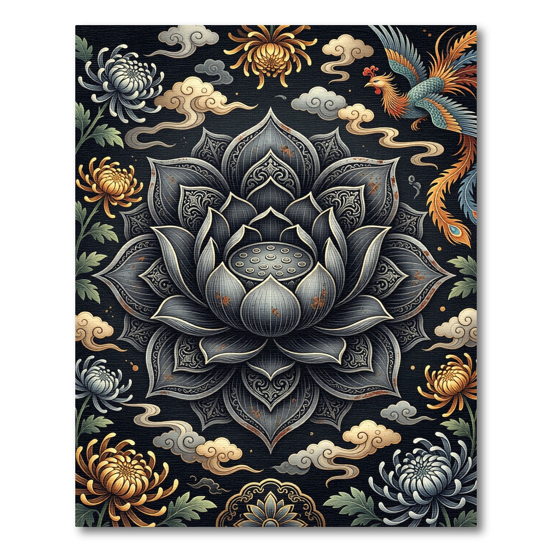 Black Lotus Phoenix Chinoiserie Floral Medallion Rug