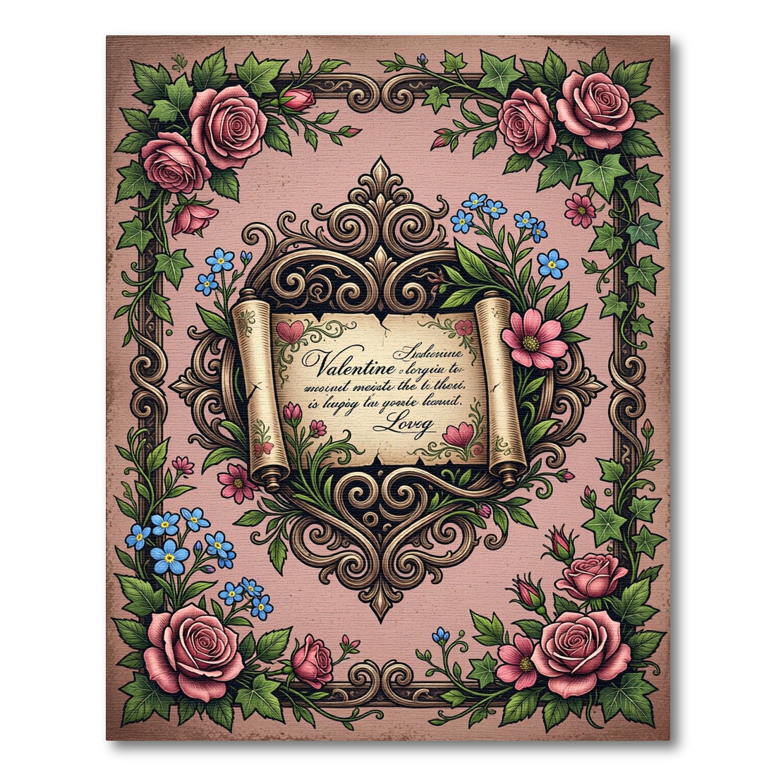 Vintage Rose Floral Scroll Ornament Rug