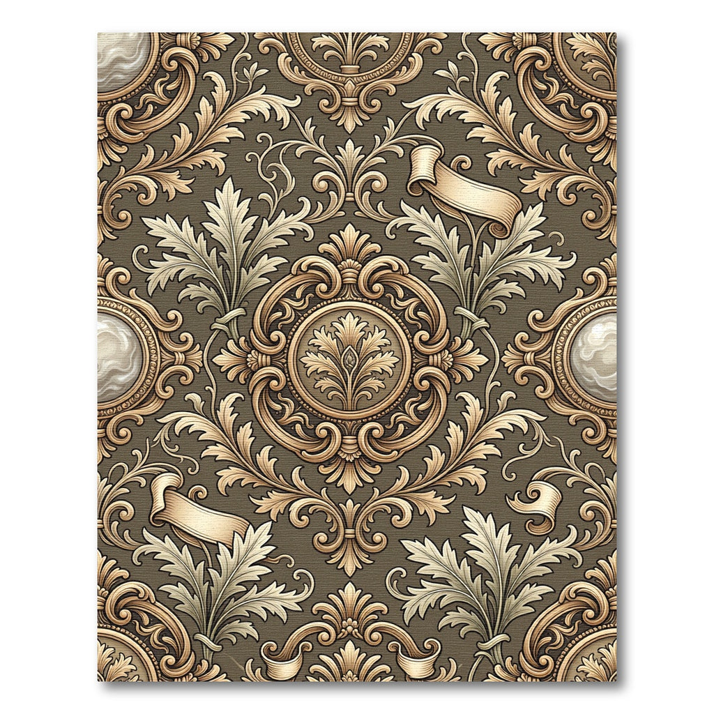 Ornate Golden Leaf Scroll Arrangement Rug