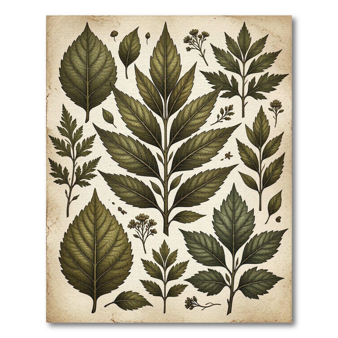 Vintage Green Leaf Botanical Composition Rug