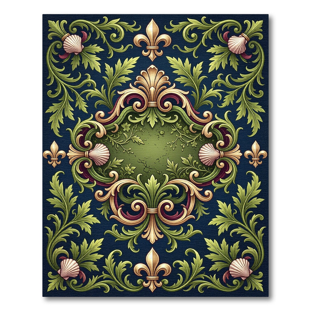 Ornate Fleur de Lis Shell Scrollwork Rug
