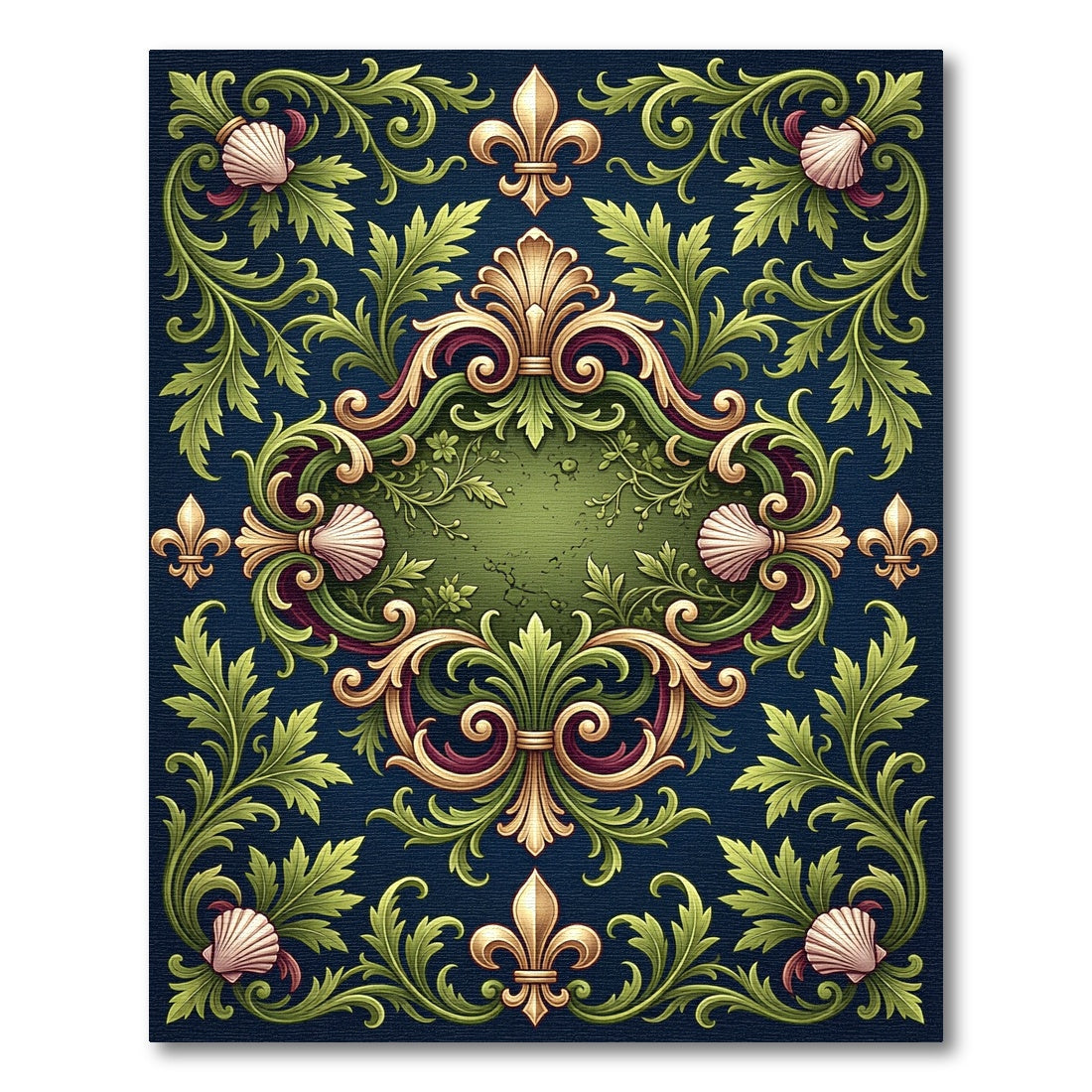 Ornate Fleur de Lis Shell Scrollwork Rug