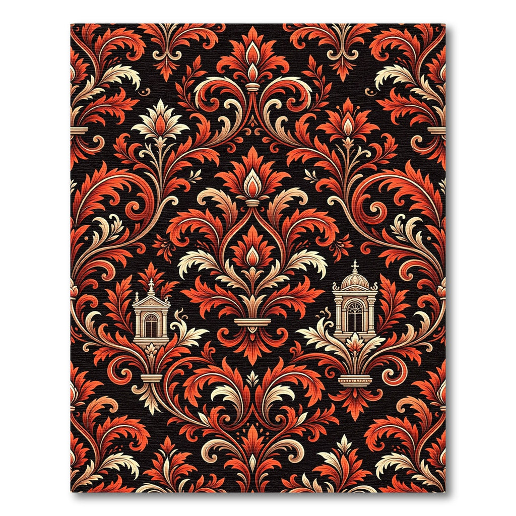 Ornate Crimson Baroque Damask Scroll Rug