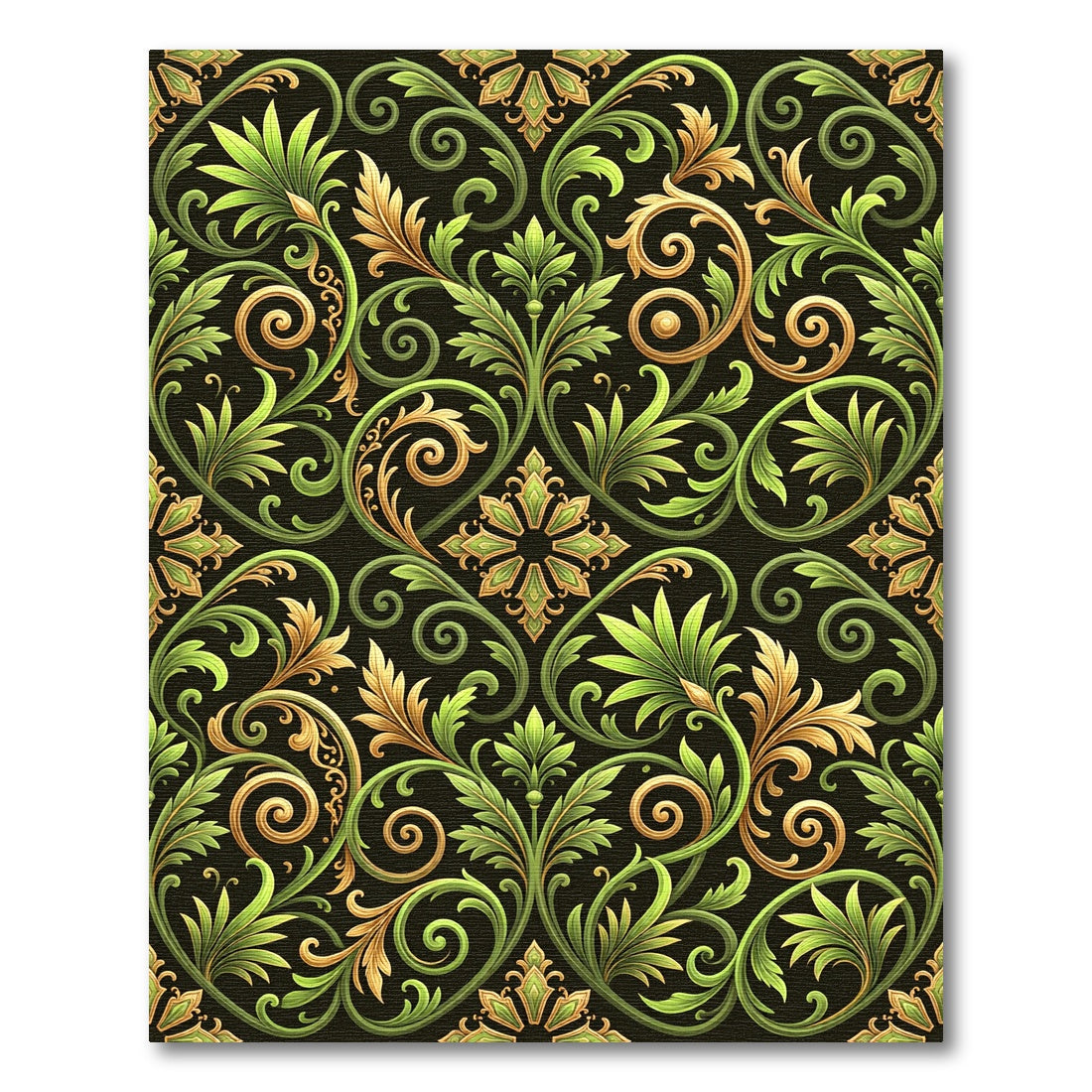 Green Gold Scroll Leaf Flourish Rug