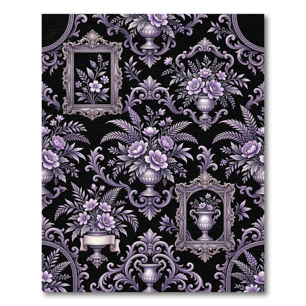 Elegant Purple Floral Damask Gilded Frame Rug