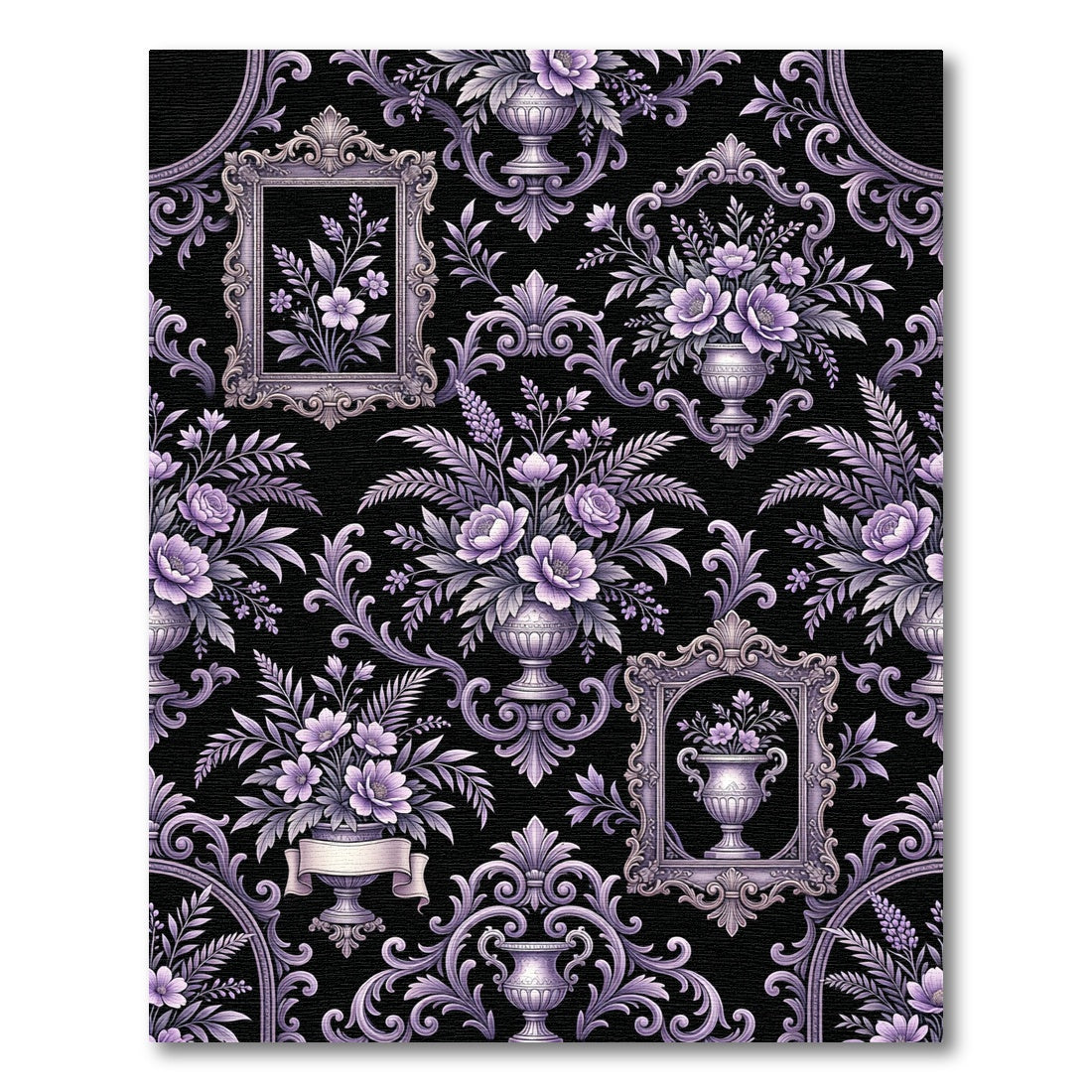 Elegant Purple Floral Damask Gilded Frame Rug