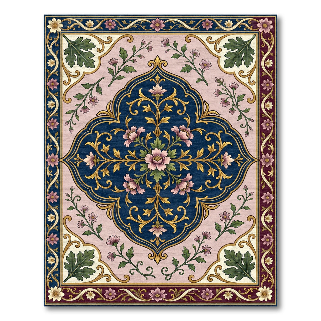 Elegant Navy Pink Floral Medallion Rug