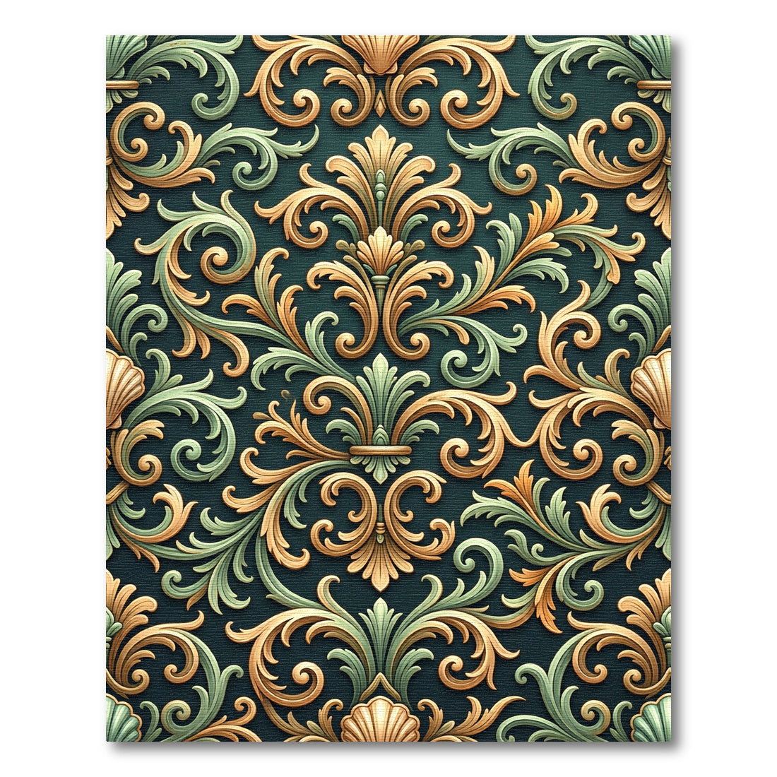 Gold Green Acanthus Scrollwork Wallpaper Rug