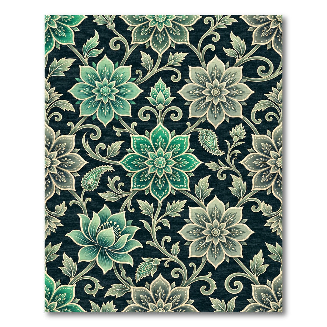 Elegant Emerald Floral Scroll Damask Rug