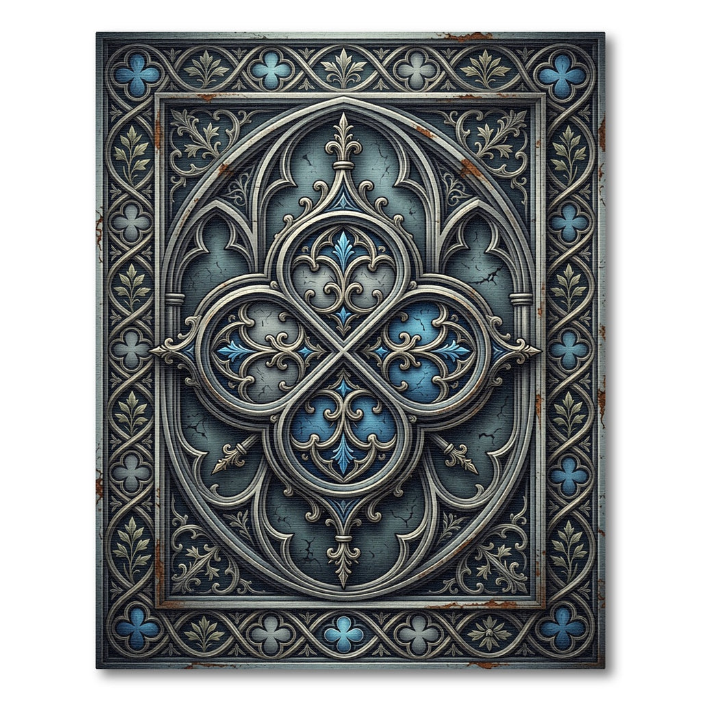 Gothic Blue Silver Antiqued Quatrefoil Medallion Rug