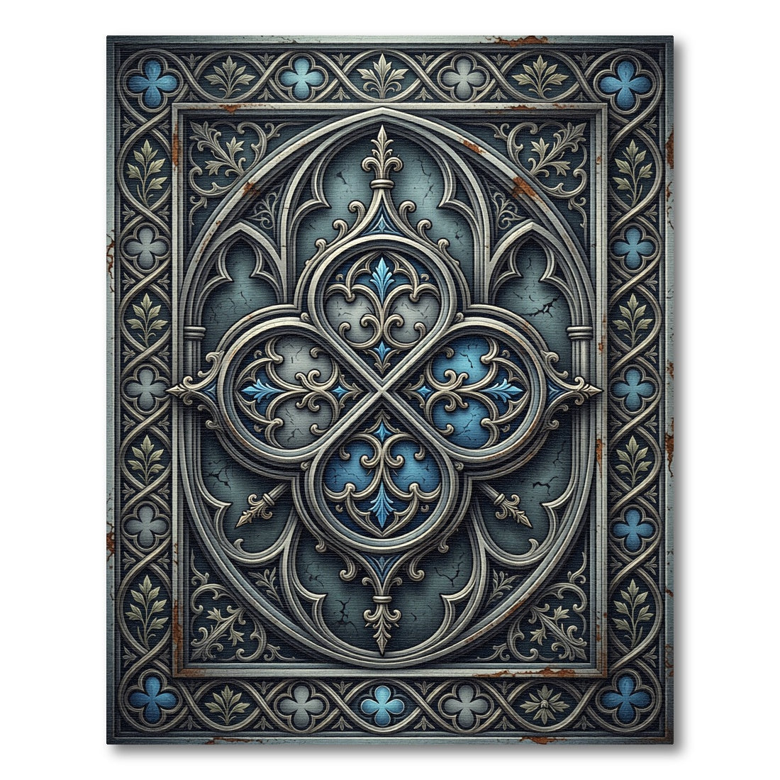 Gothic Blue Silver Antiqued Quatrefoil Medallion Rug