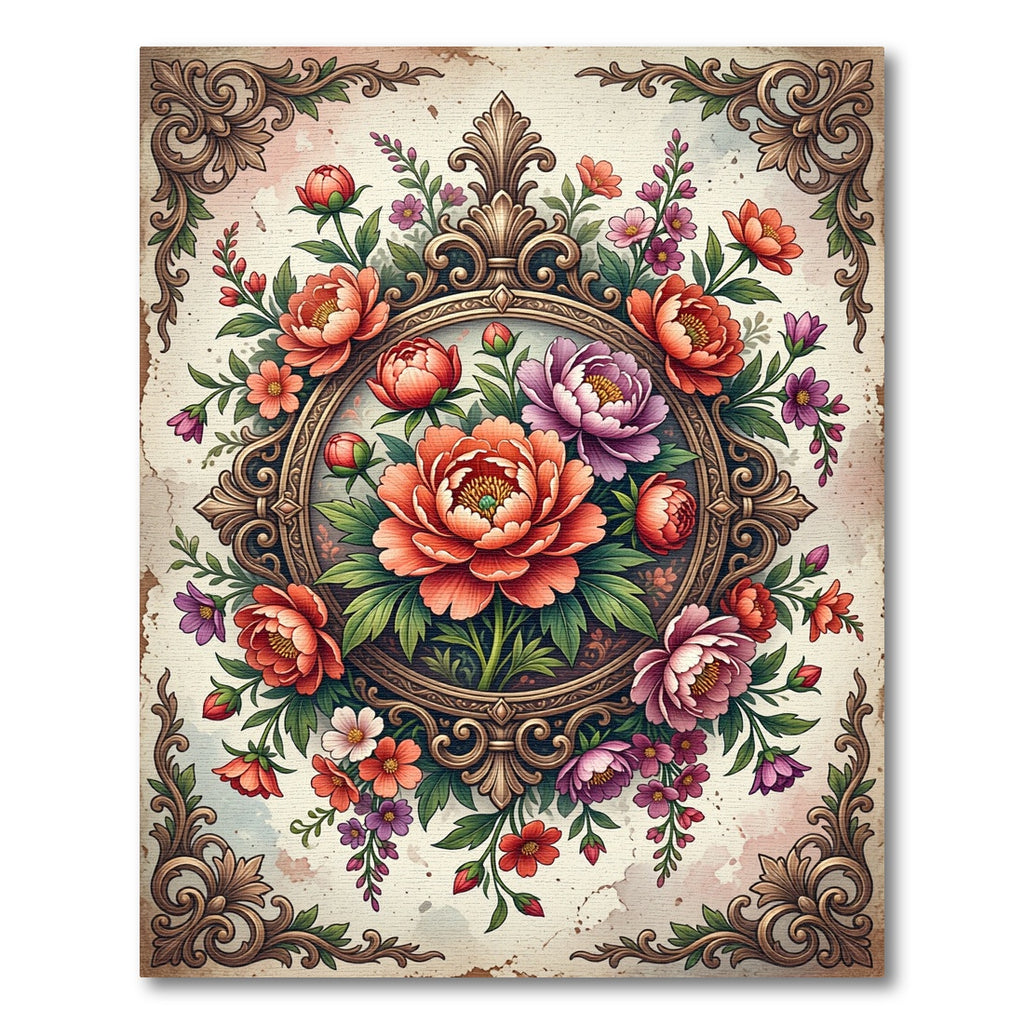 Ornate Baroque Peony Bouquet Medallion Rug