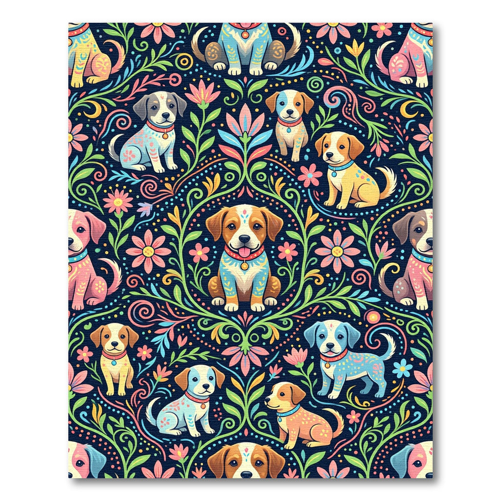Whimsical Floral Puppy Folk Art Rug
