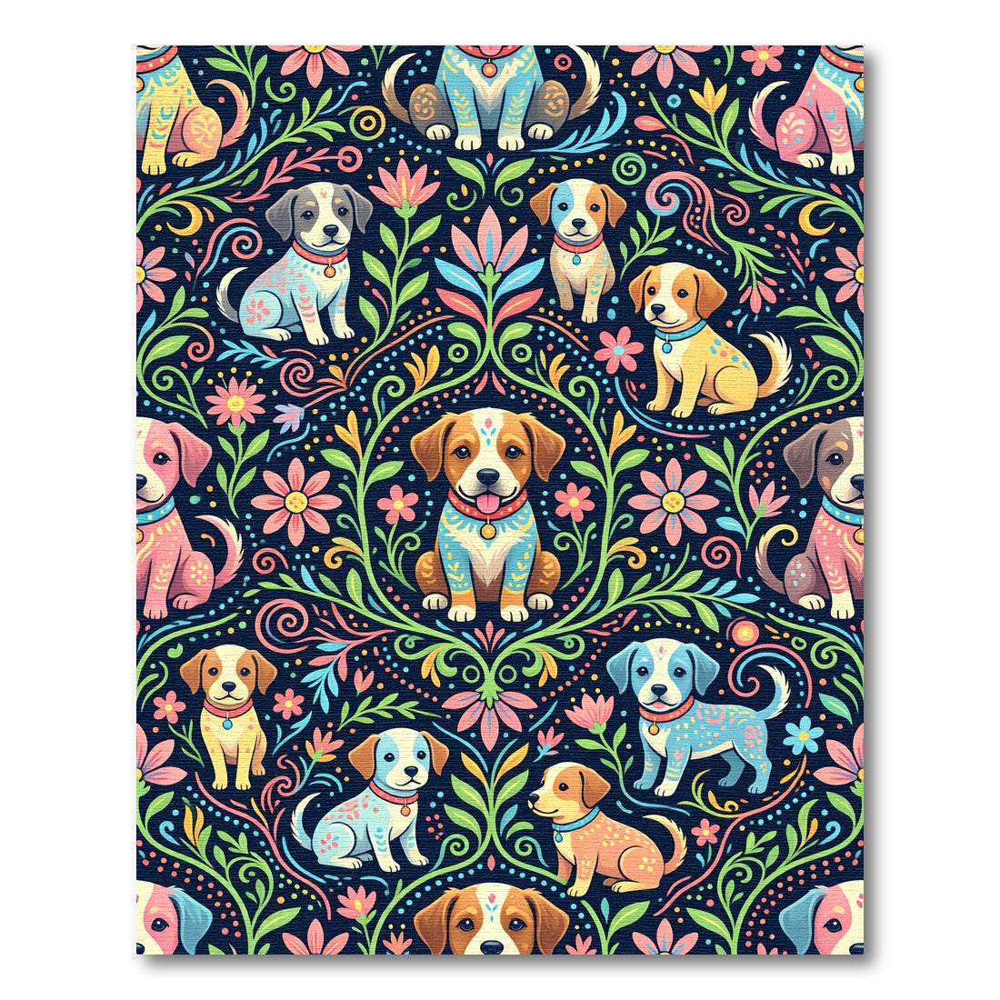 Whimsical Floral Puppy Folk Art Rug