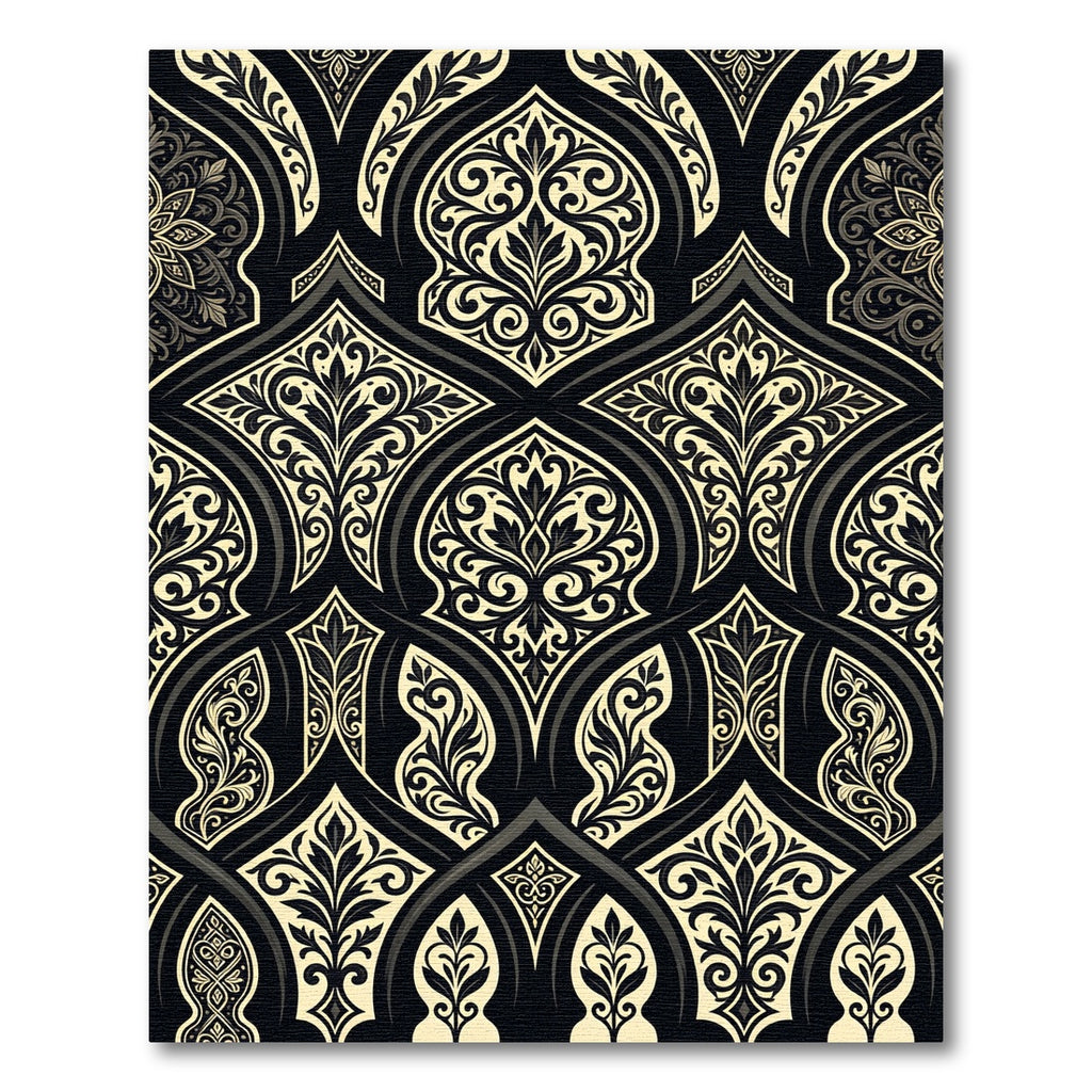 Elegant Black and Cream Damask Scroll Rug