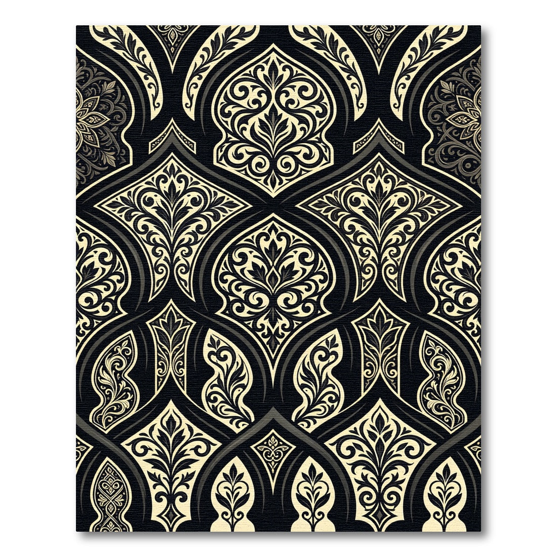 Elegant Black and Cream Damask Scroll Rug
