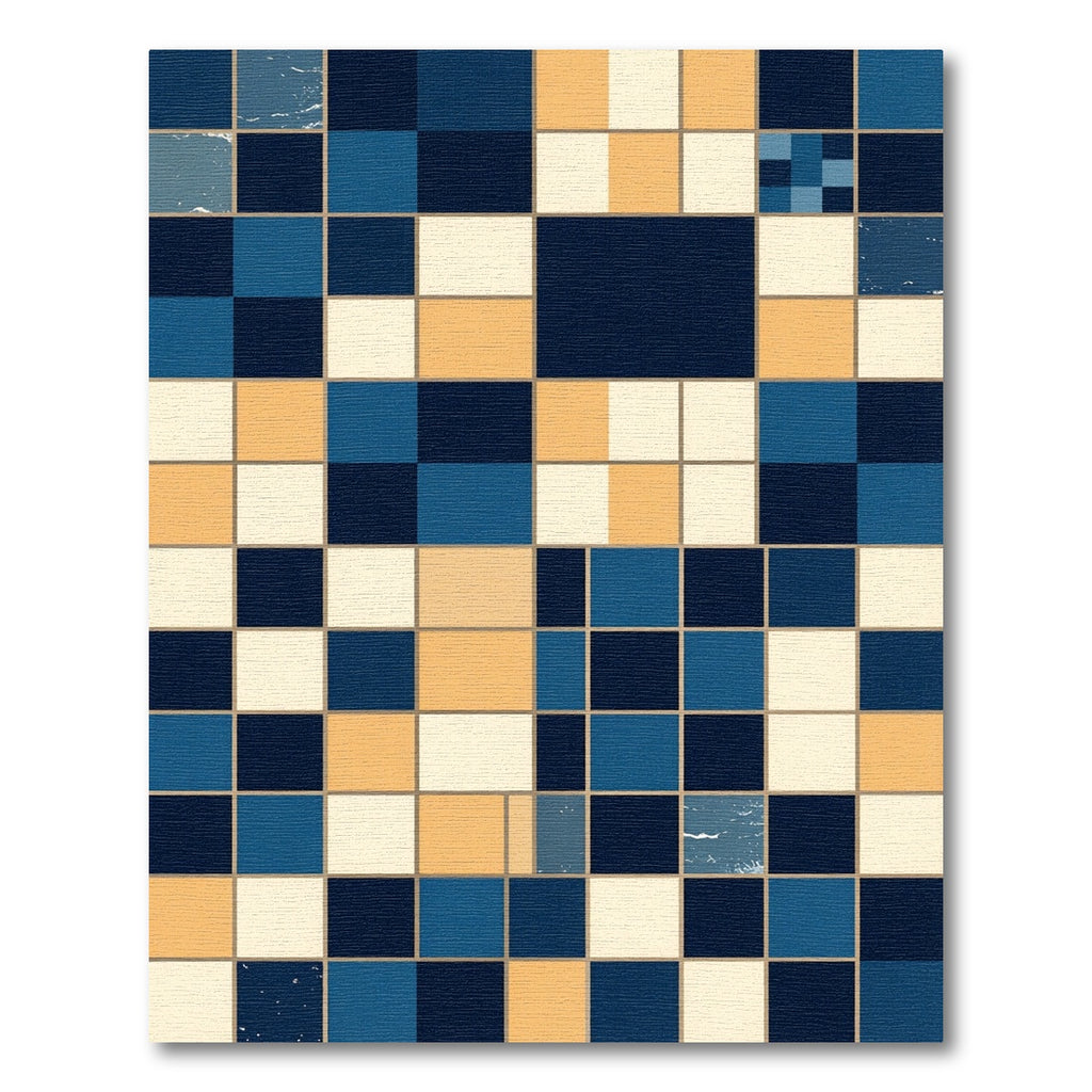 Modern Navy Cream and Ochre Grid Rug