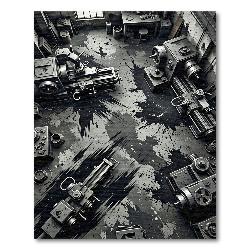 Industrial Monochrome Abstract Machinery Spill Rug