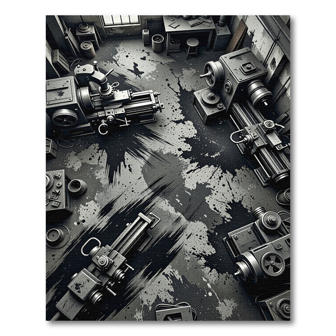 Industrial Monochrome Abstract Machinery Spill Rug