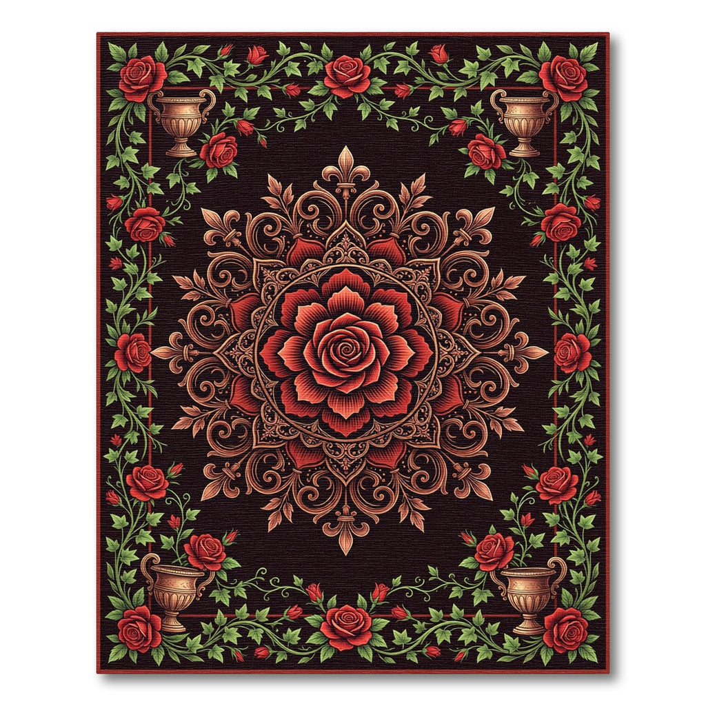 Rich Red Rose Floral Vine Mandala Rug