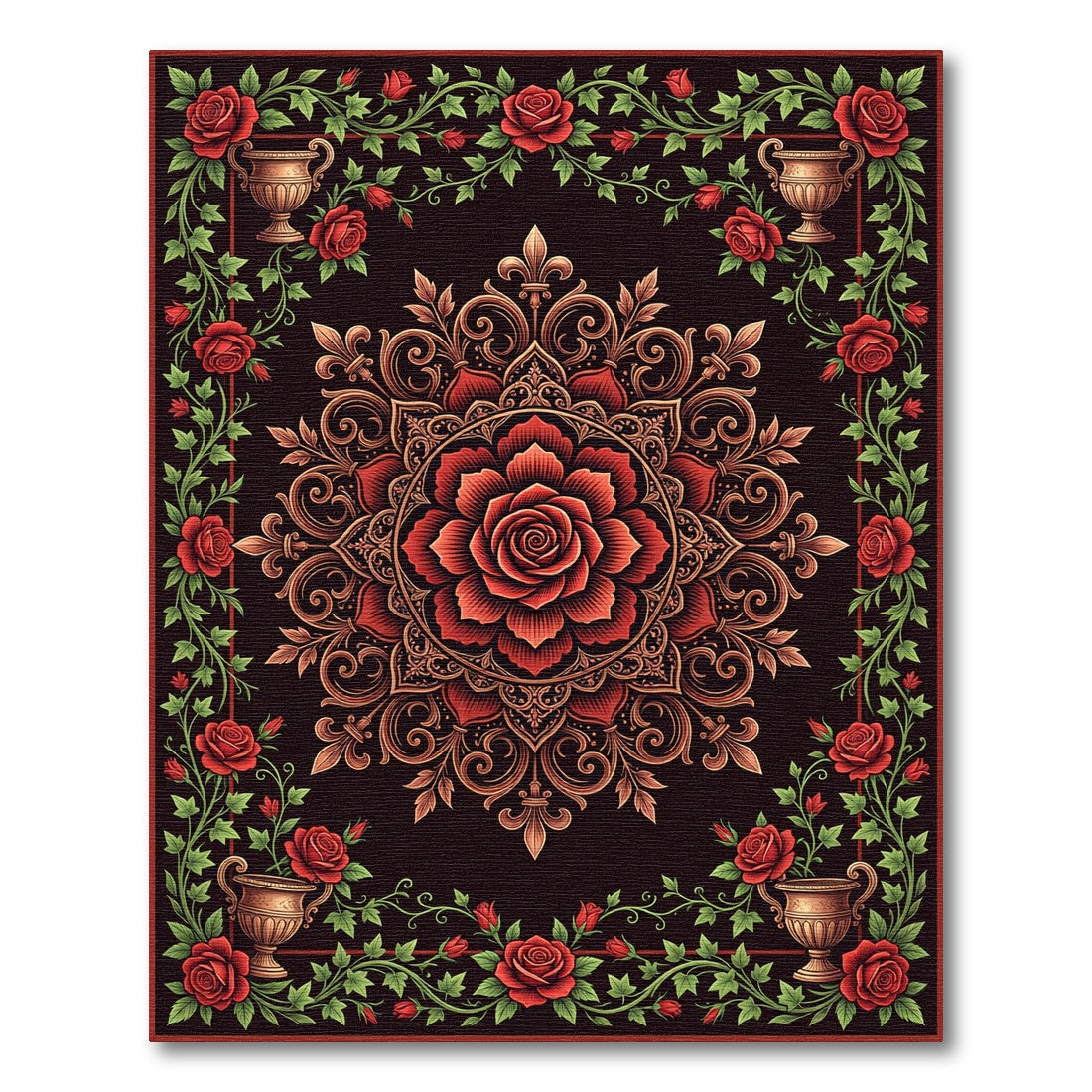 Rich Red Rose Floral Vine Mandala Rug