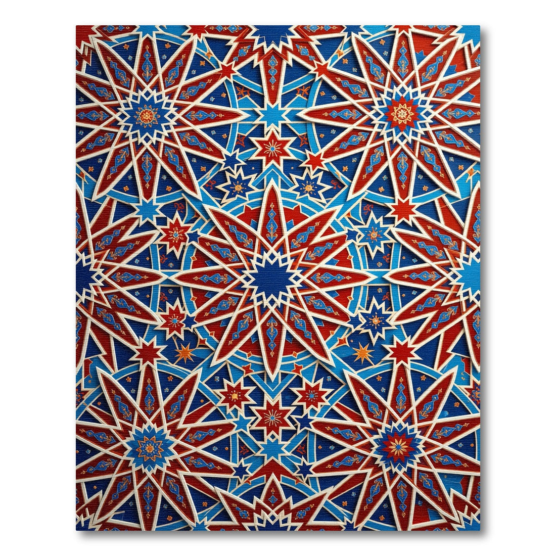 Intricate Crimson and Azure Geometric Star Rug