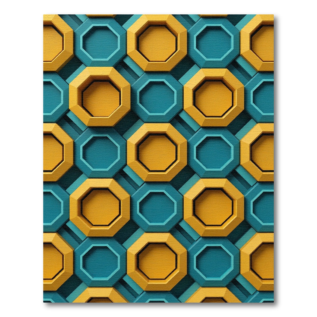 Modern Teal and Golden Octagonal Mosaic Rug