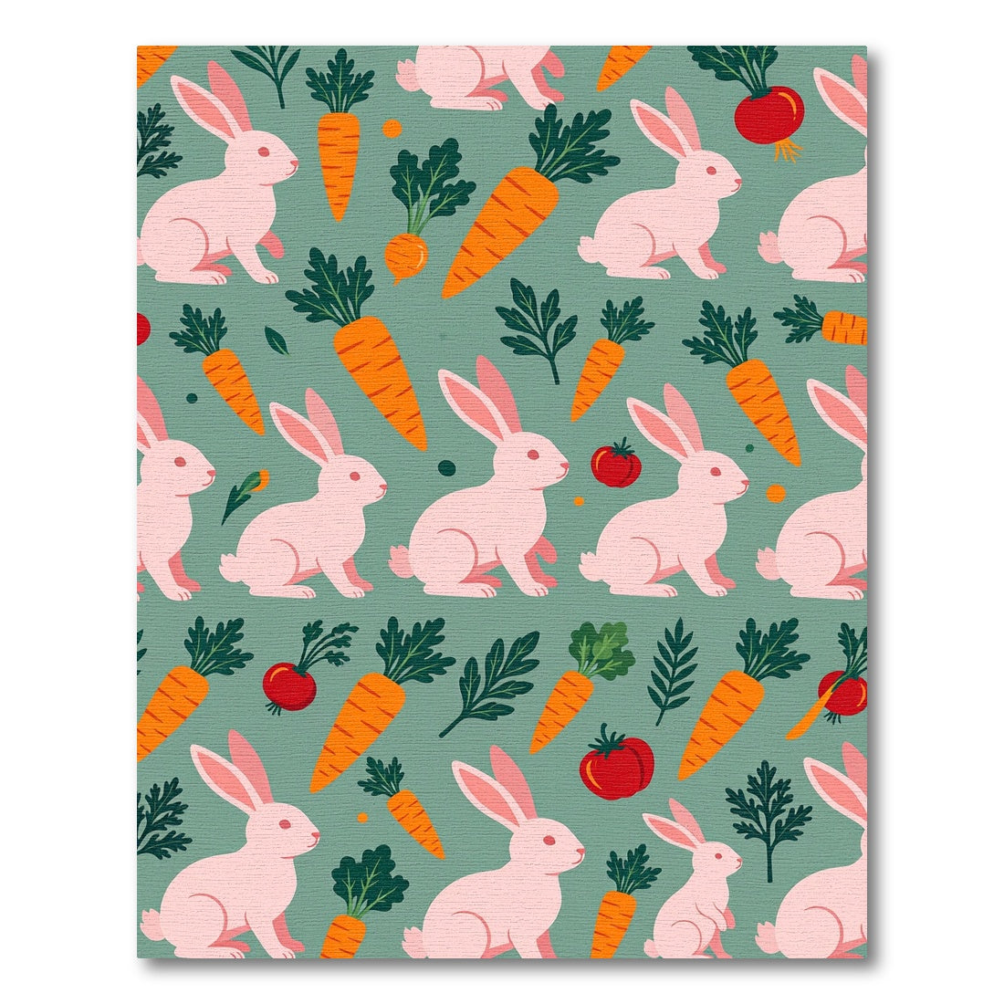 Playful Pink Rabbit and Carrot Sage Rug