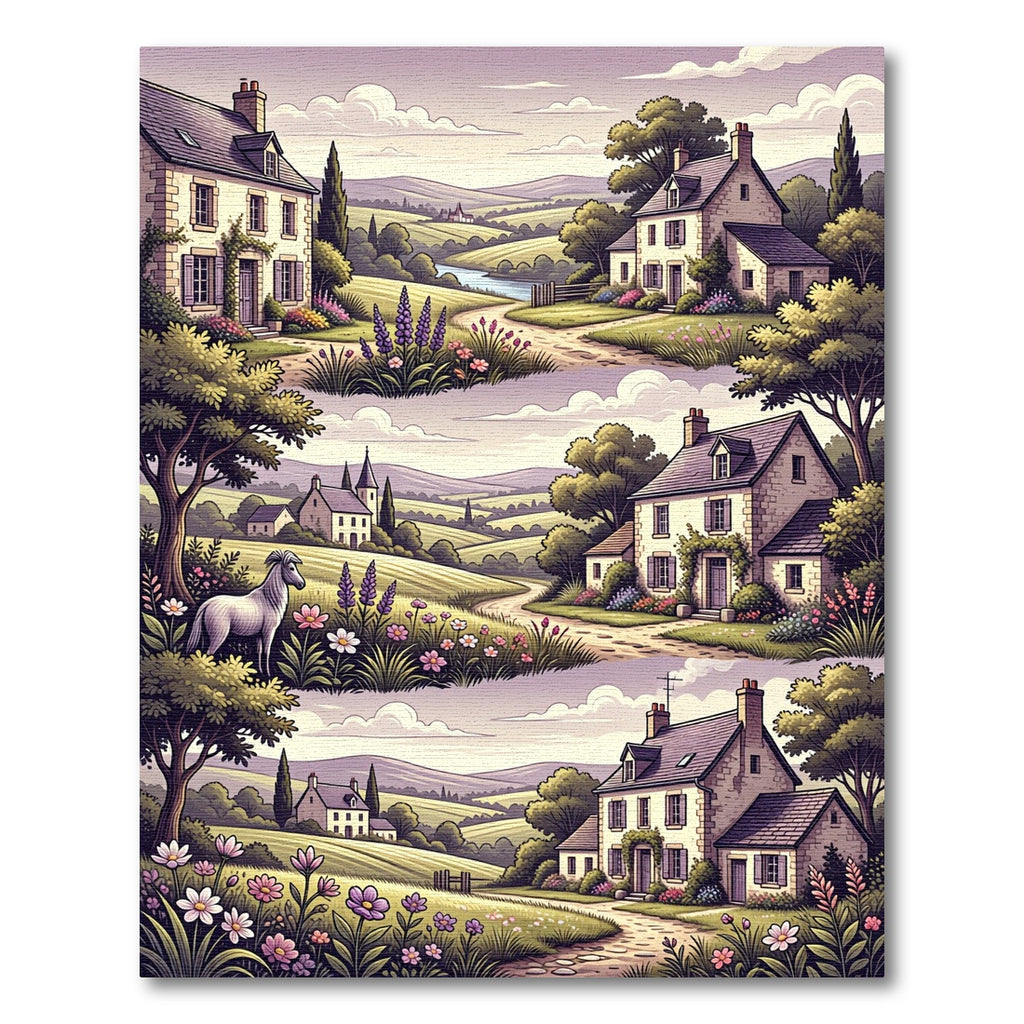 Pastoral Countryside Village Horse Floral Rug