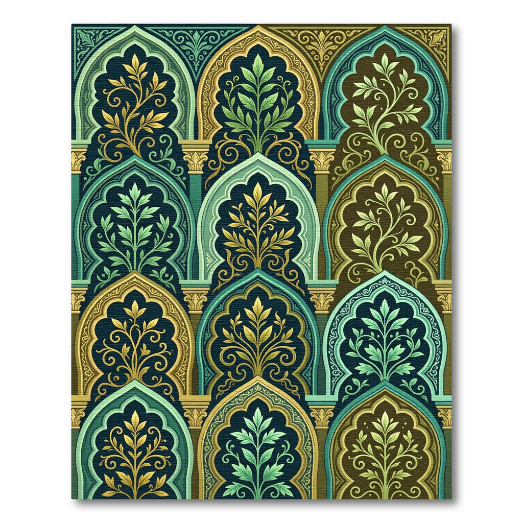 Ornate Emerald and Golden Arch Tapestry Rug