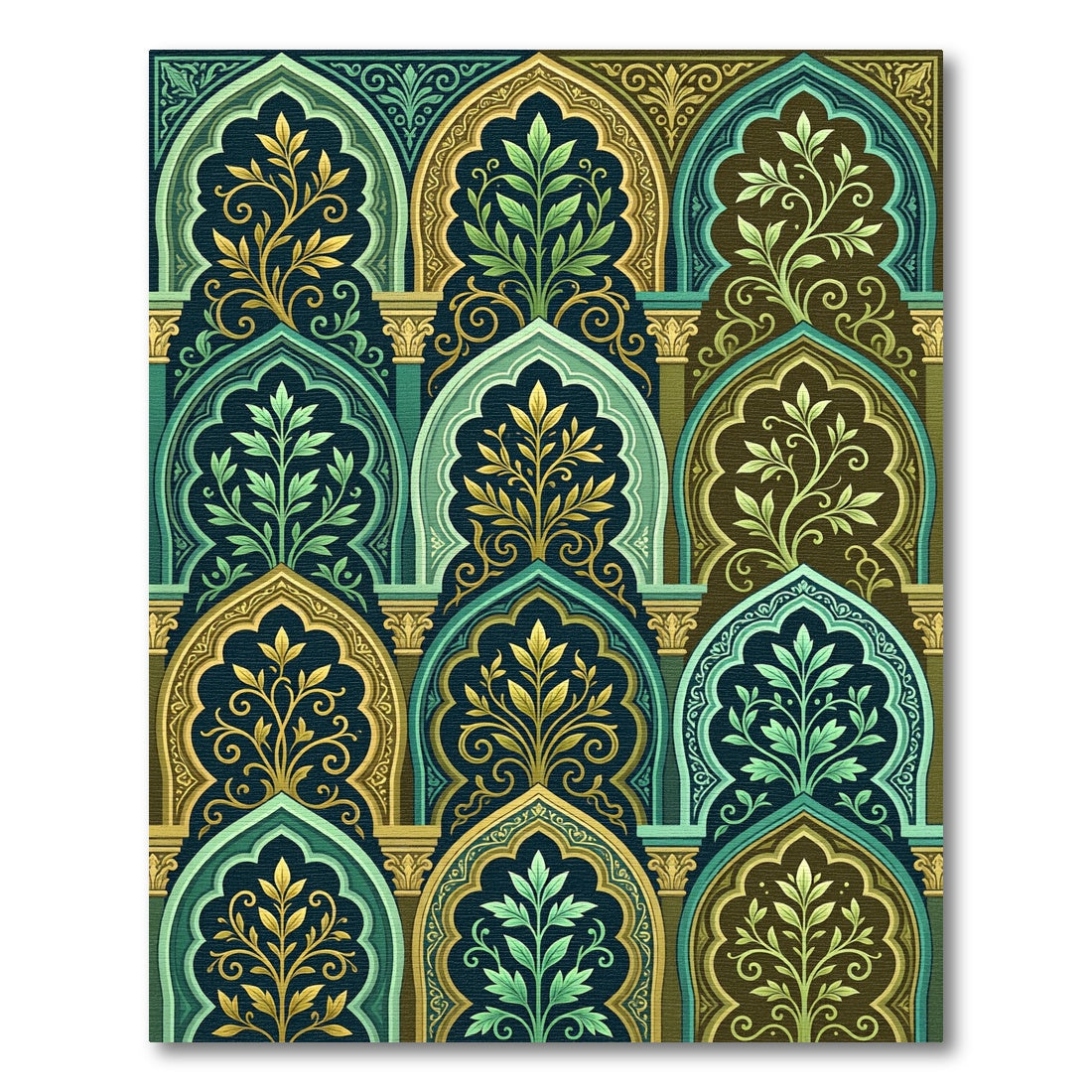 Ornate Emerald and Golden Arch Tapestry Rug