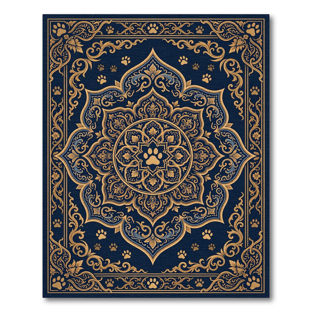 Navy Gold Embellished Paw Mandala Rug