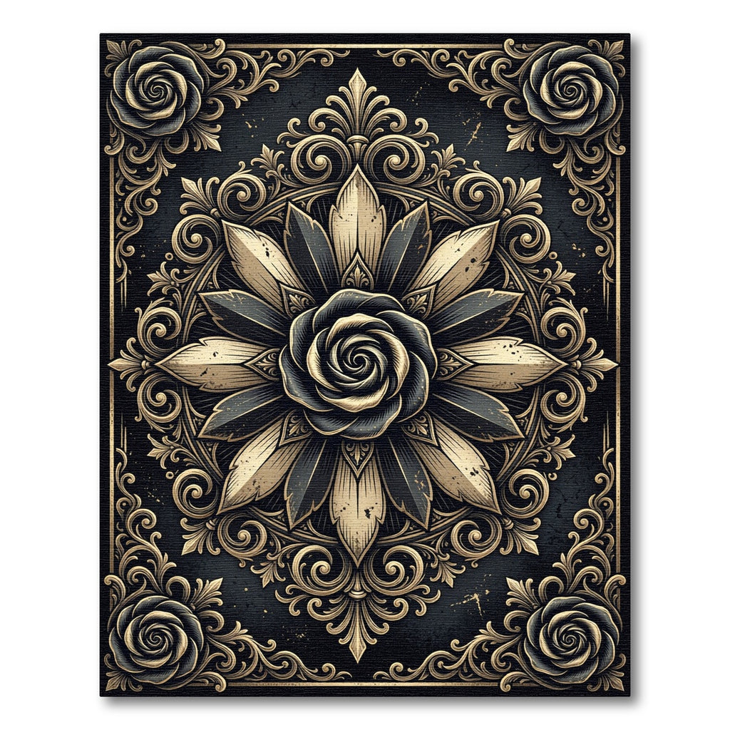 Ornate Gold and Black Floral Medallion Rug
