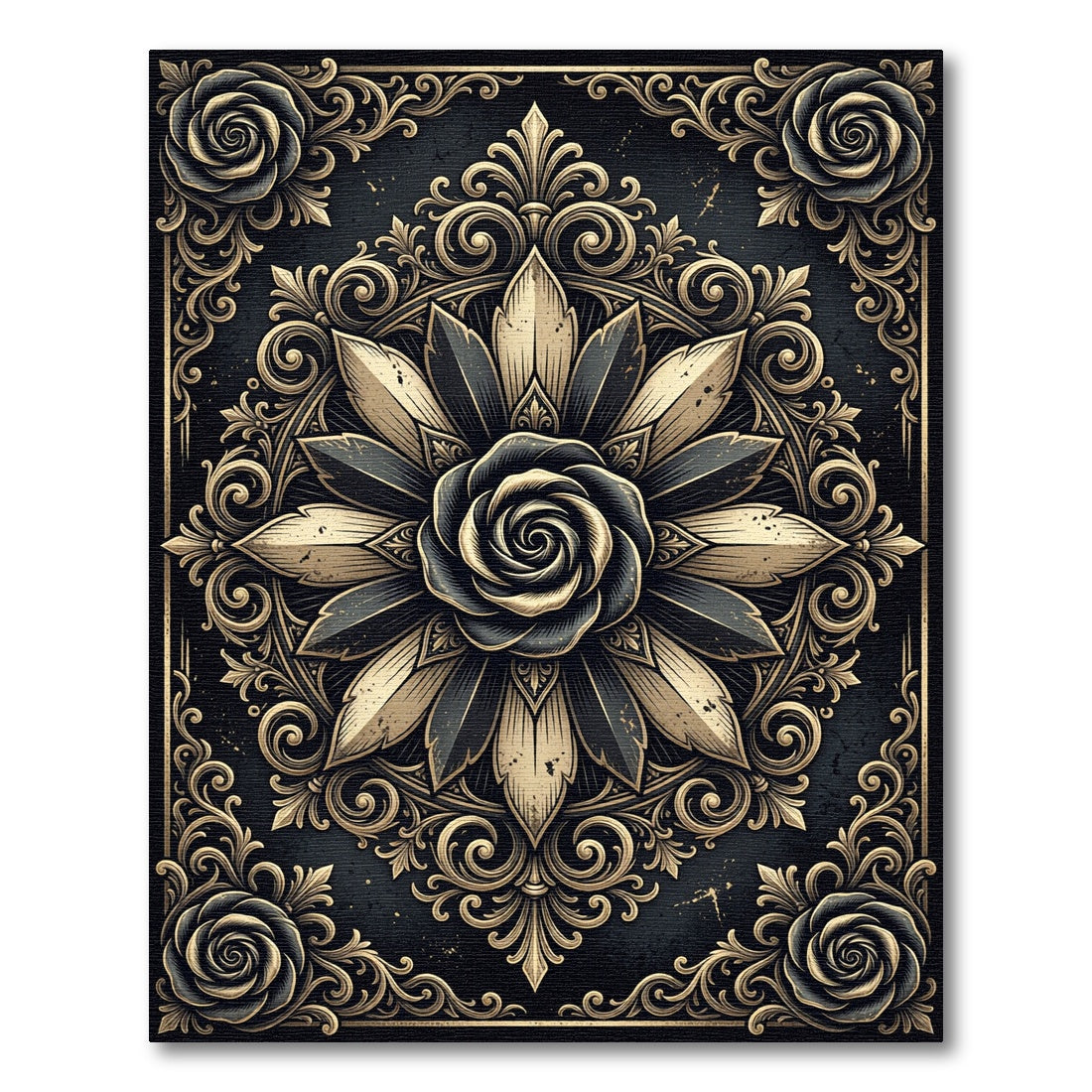 Ornate Gold and Black Floral Medallion Rug