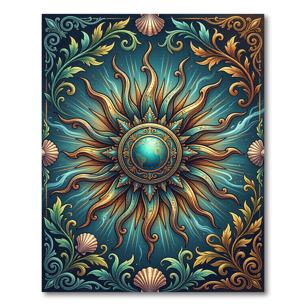 Gilded Celestial Globe Sun Teal Medallion Rug